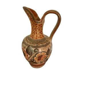 Vintage Tonala Mexican Pottery Pitcher‎ Bird Heron Folk Art 13” Tall